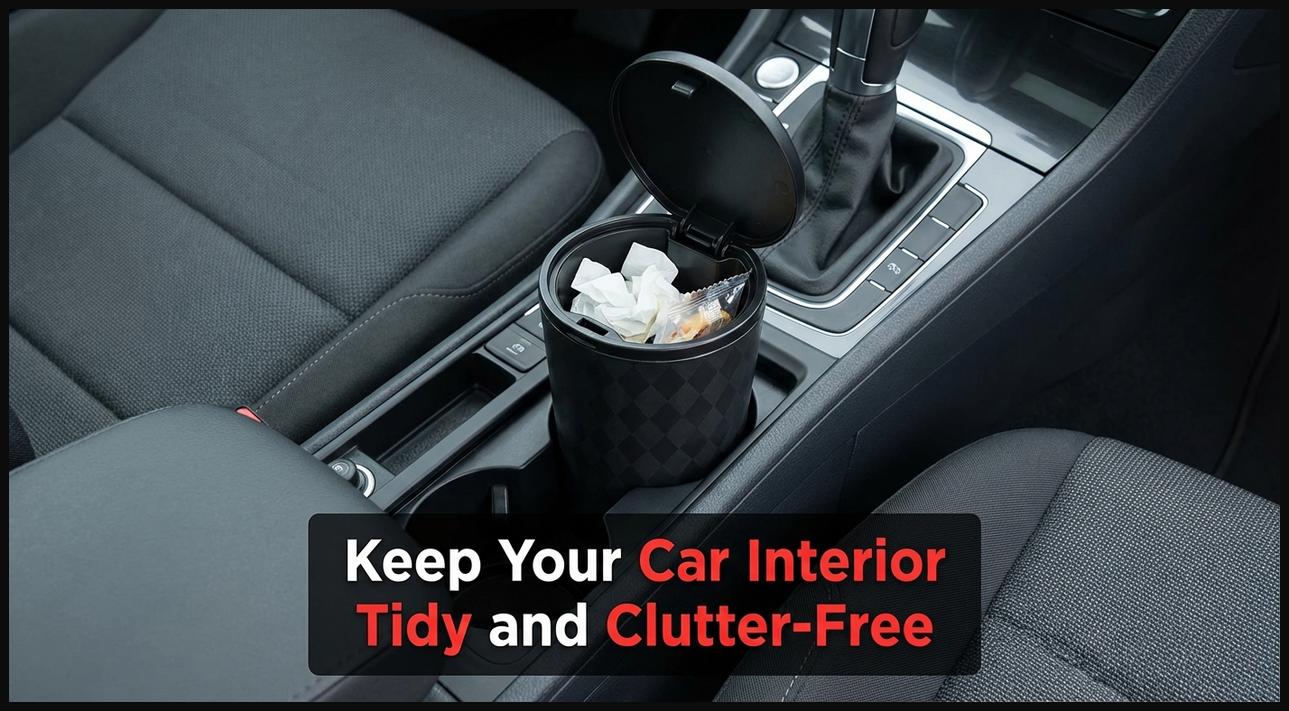 A compact, lidded mini car trash can placed in a vehicle's cup holder, helping maintain a clean interior.