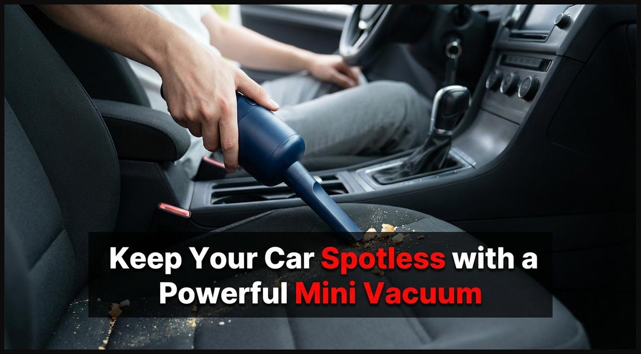 A hand using a mini car vacuum cleaner to clean crumbs and dust from the car's interior floor and crevices.