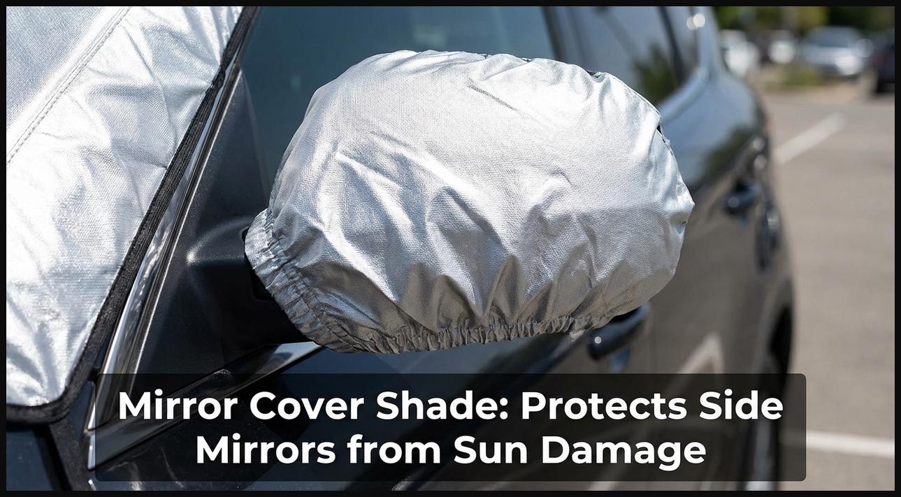 Sun shade covers placed over a car's side mirrors, protecting them from sun exposure and ensuring clarity.