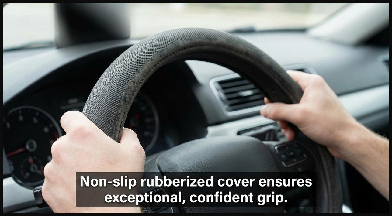 Hands with a firm grip on a non-slip rubberized steering wheel cover for enhanced control.