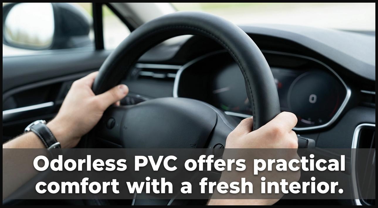 Hands gripping an odorless PVC steering wheel cover for a fresh car interior.