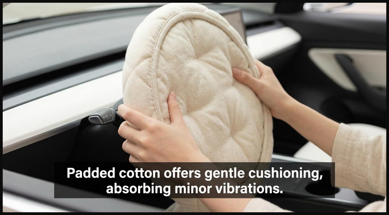 Hands comfortably holding a soft padded cotton steering wheel cover.