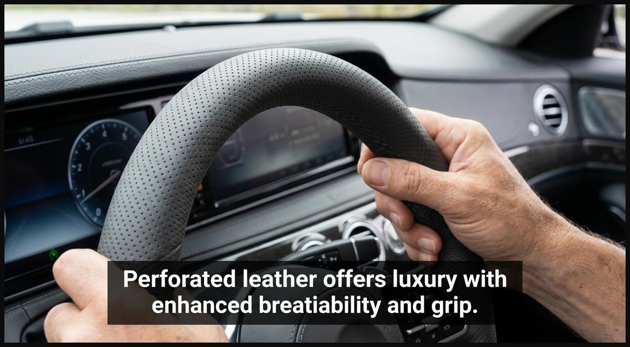 Hands on a perforated leather steering wheel cover, emphasizing ventilation and grip.