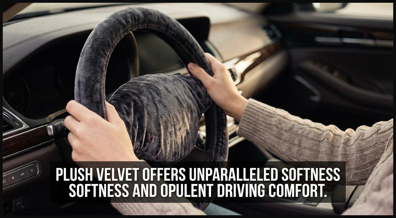 Hands feeling the soft, luxurious texture of a plush velvet steering wheel cover.