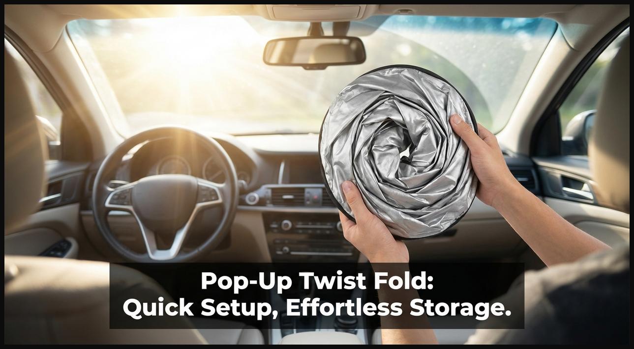 A circular pop-up twist fold windshield sun shade being held, showing its compact, twisted form next to a car windshield.