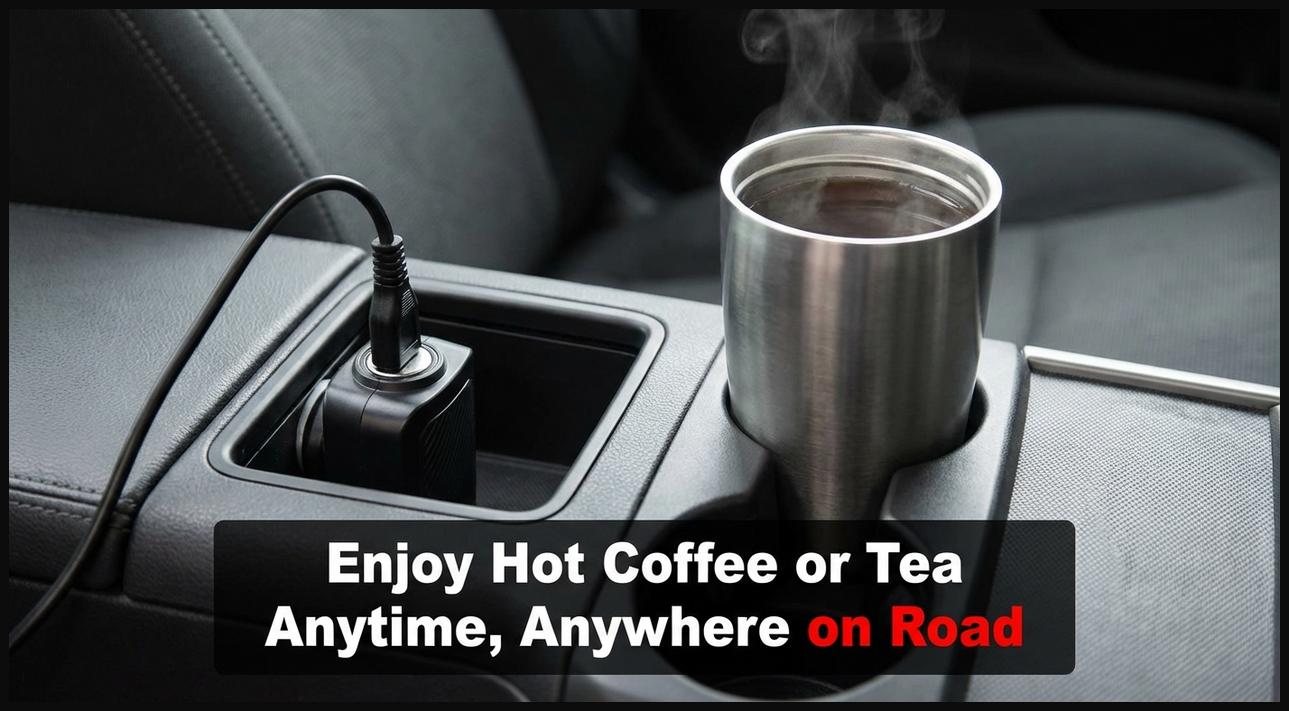 A compact portable coffee maker plugged into a car's 12V outlet, preparing a hot beverage for the driver.