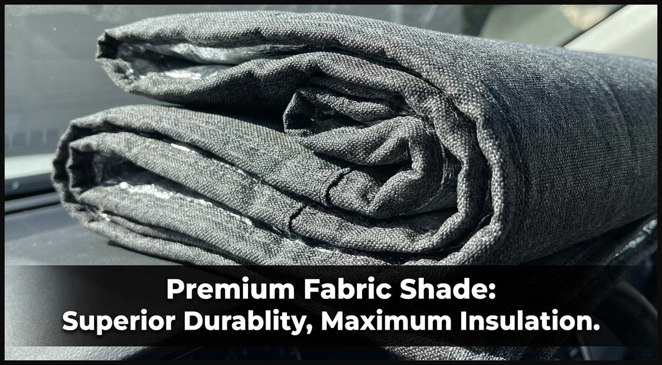 A premium fabric windshield sun shade, showcasing its thick, high-quality material offering superior insulation and durability.