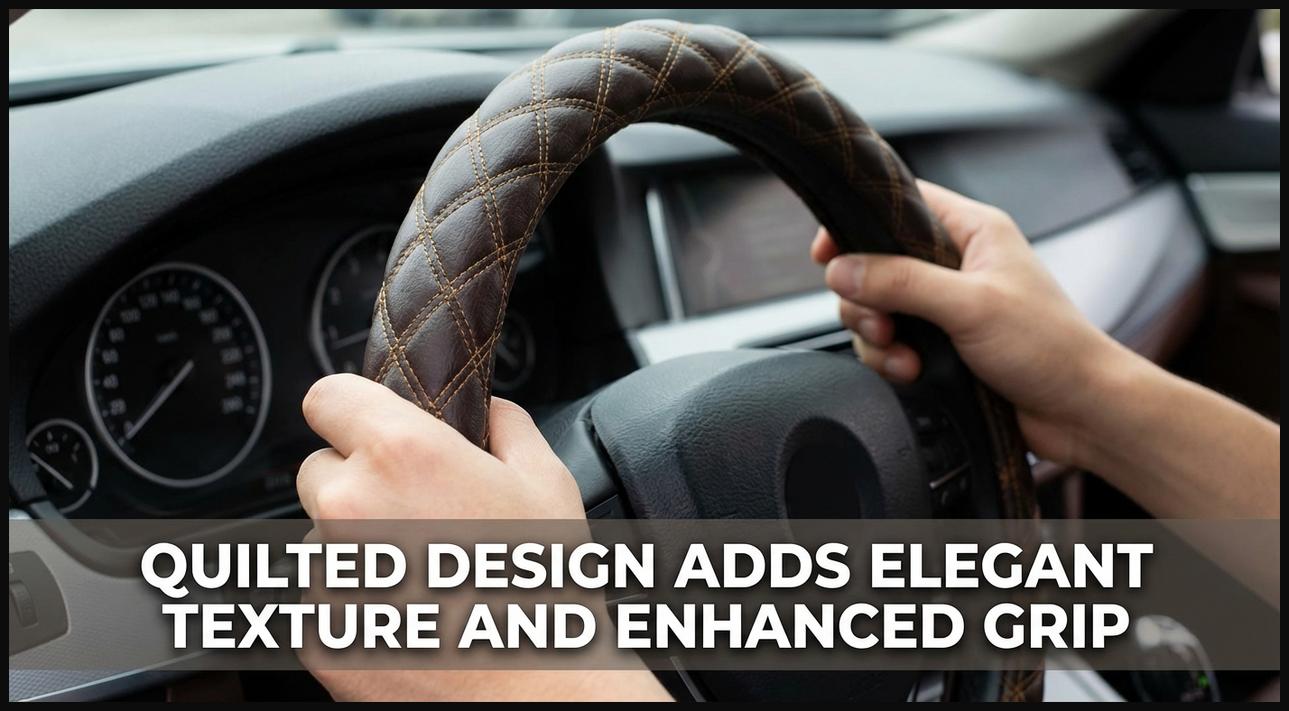 Hands gripping a steering wheel cover with an elegant quilted design and texture.