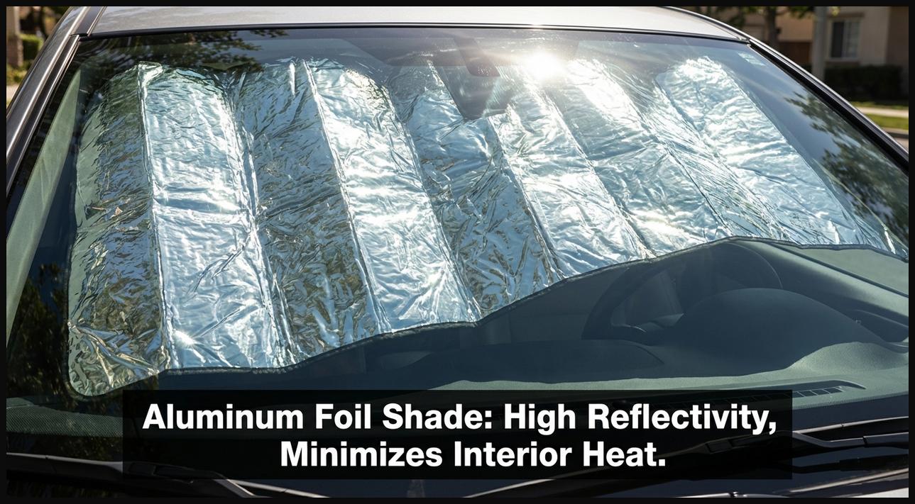A reflective aluminum foil sun shade unfolded on a car windshield, showcasing its highly reflective surface for heat reduction.