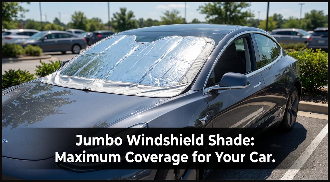 A large, silver reflective sun shade placed on the windshield of a car parked under bright sun, showing maximum coverage.