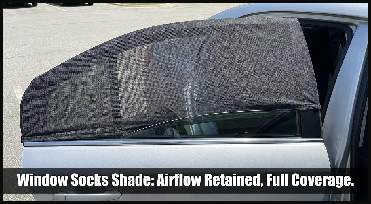A roll-down window sock sun shade covering a car's side window, demonstrating how the window can be rolled down with the shade in place.