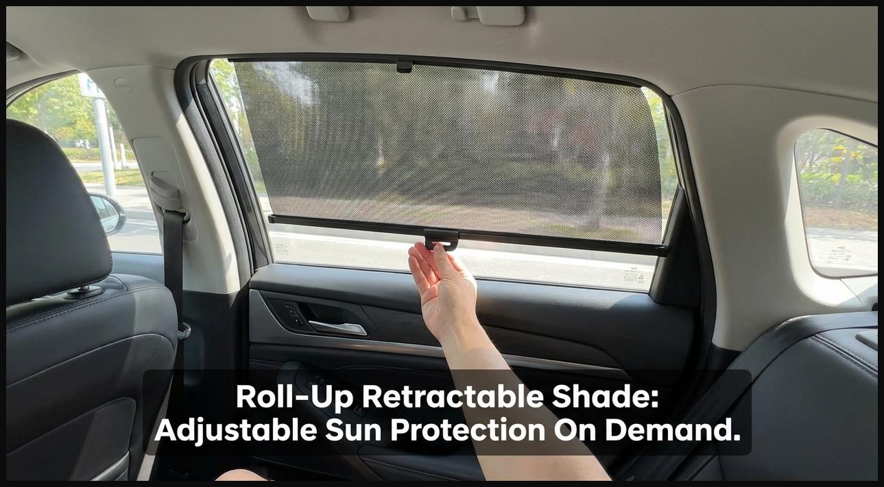 A roll-up retractable side window shade partially deployed in a car, showing its mechanism and adjustable nature.