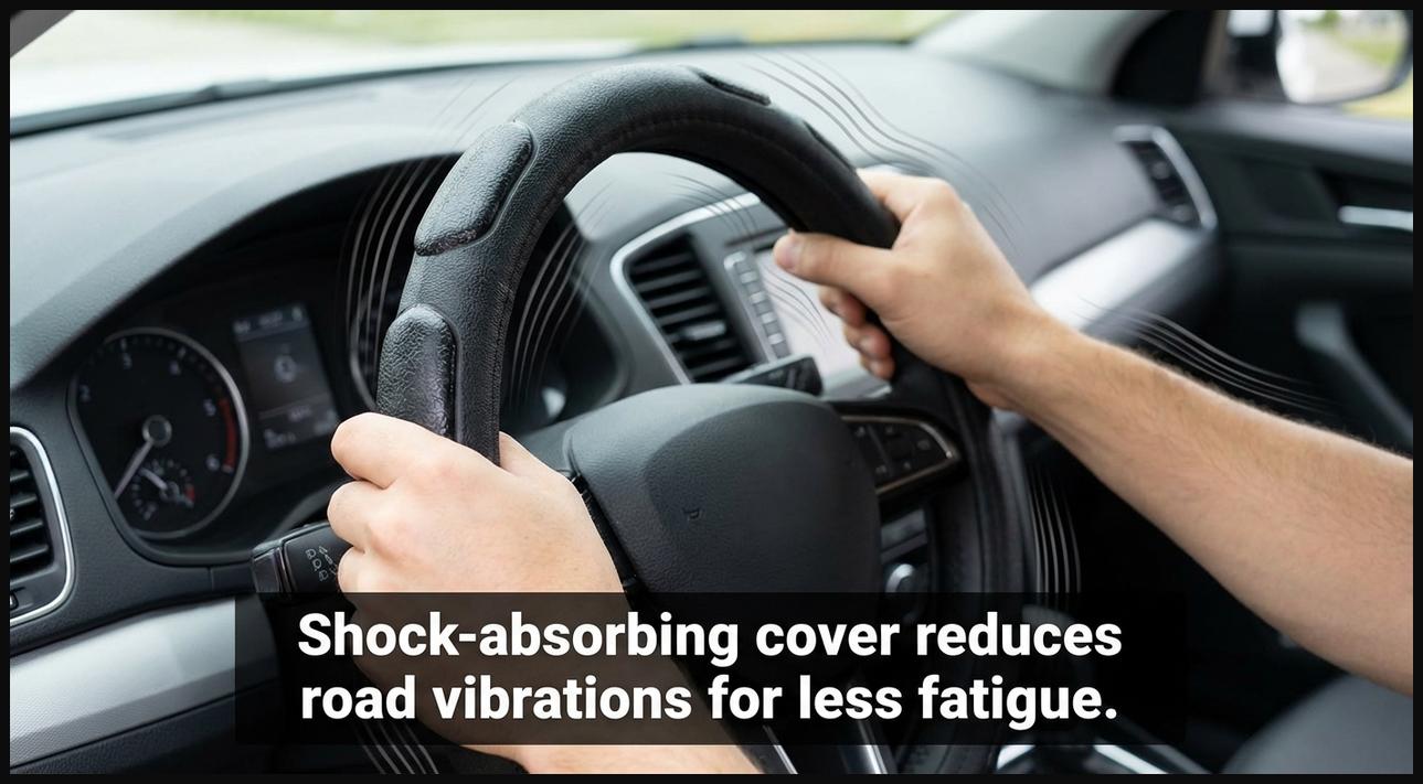 Hands on a shock-absorbing steering wheel cover, minimizing road vibrations.