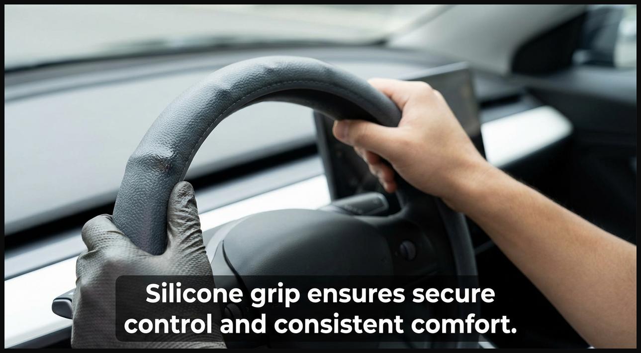 Hands with a secure hold on a silicone grip steering wheel cover.