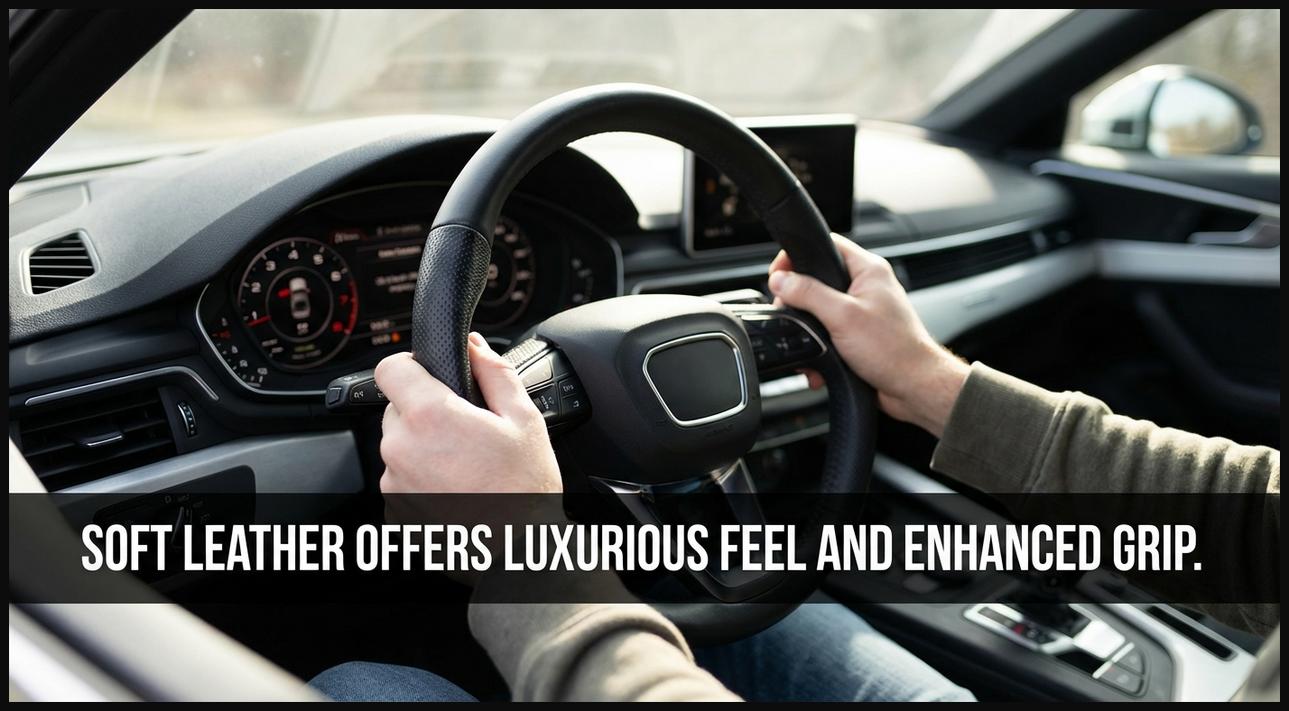 Hands gripping a soft black leather steering wheel cover, emphasizing luxury and comfort.