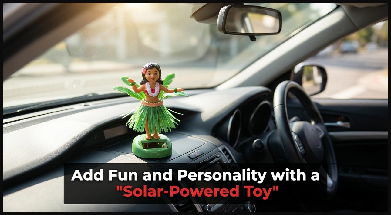 A cheerful solar-powered dashboard toy, such as a bobblehead, moving on a sunny car dashboard, adding personality.