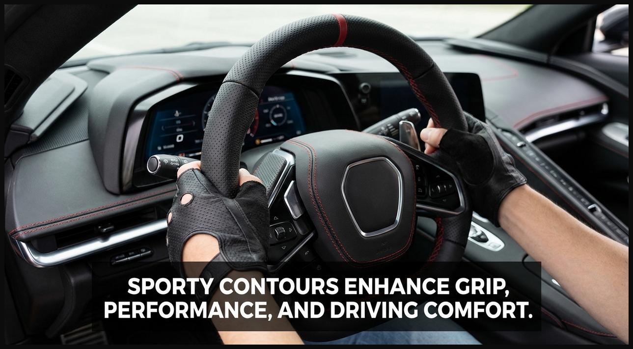 Hands gripping a sporty, contoured steering wheel cover with ergonomic shaping.