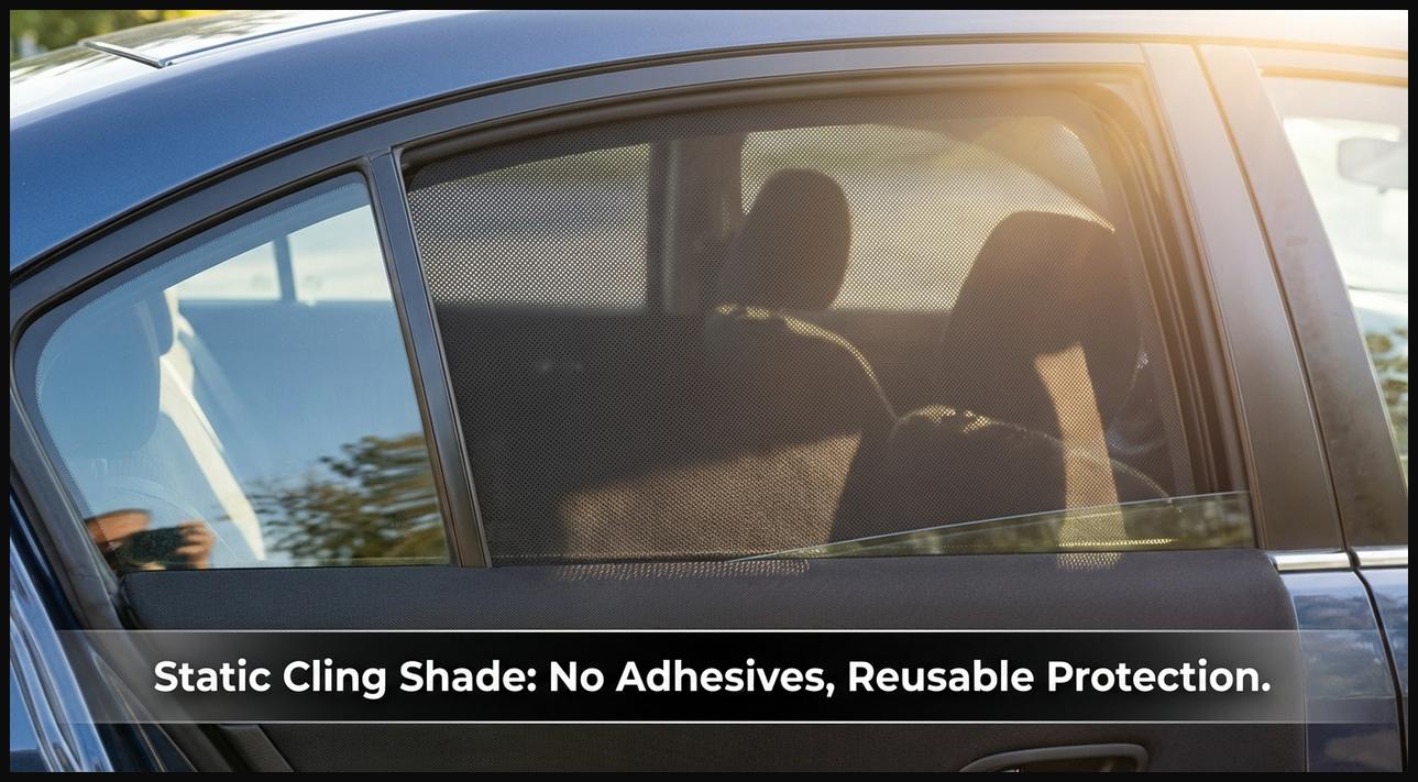 A static cling window sun shade applied smoothly to a car's rear side window, showing no suction cups or adhesives.