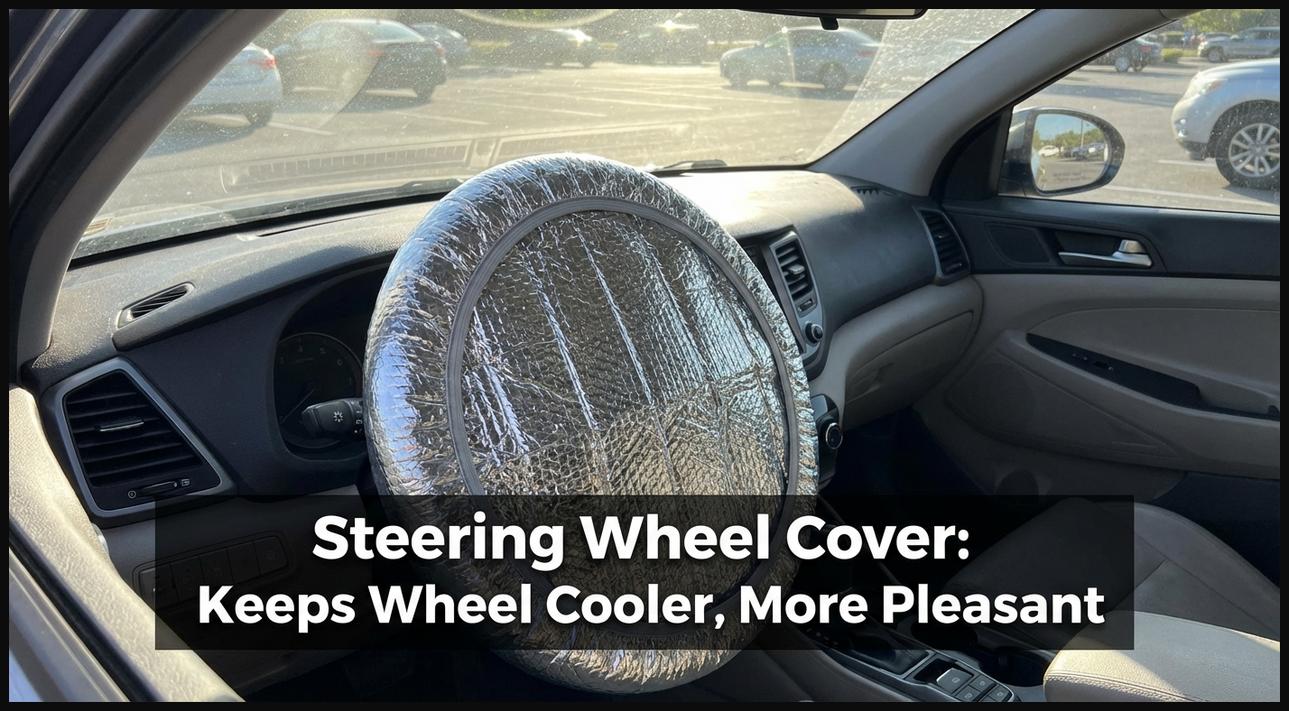 A heat-resistant sun shade cover placed over a car's steering wheel, protecting it from getting scorching hot.