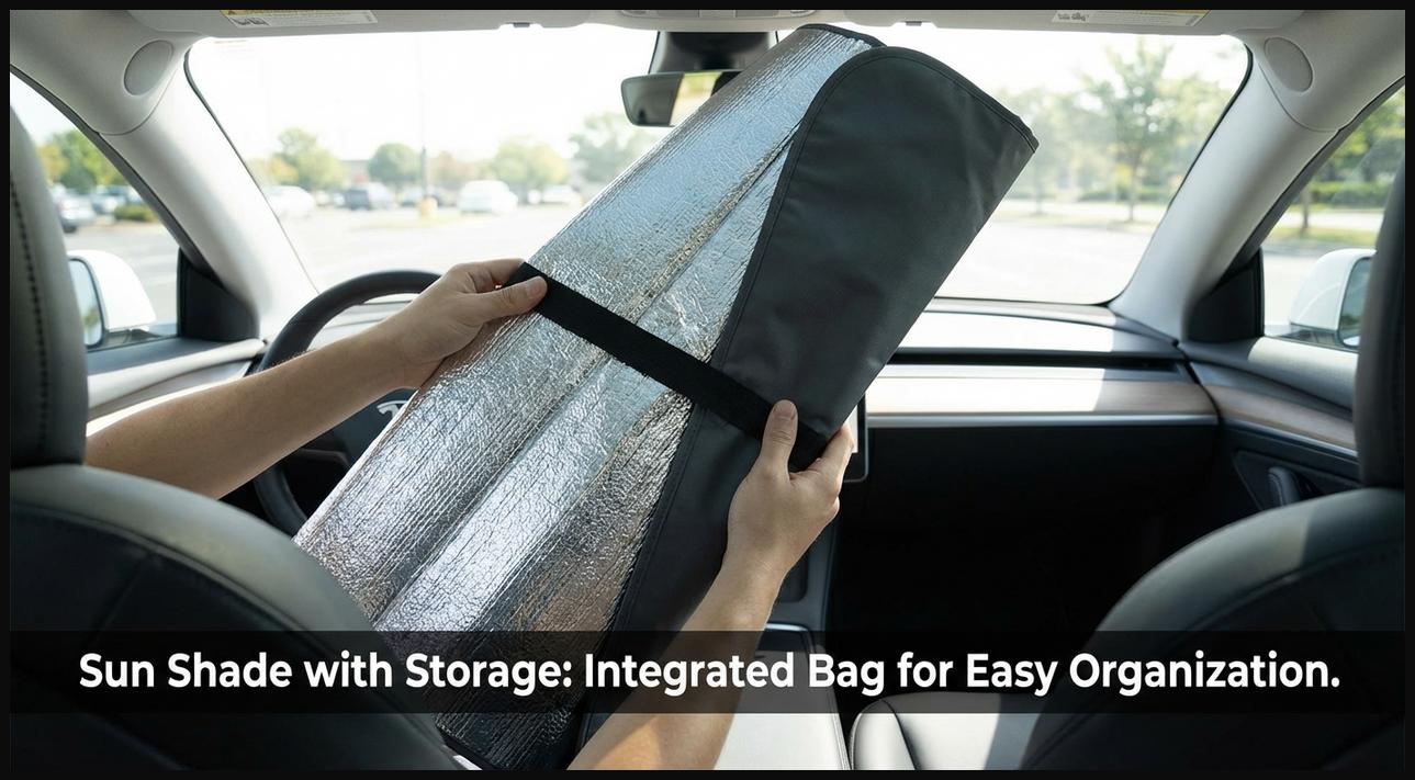 A car sun shade being folded into its built-in storage bag or secured with an integrated strap for convenient, clutter-free storage.
