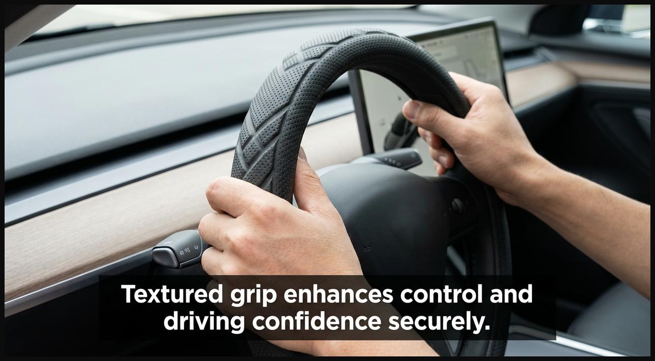 Hands gripping a textured steering wheel cover for improved control and confidence.