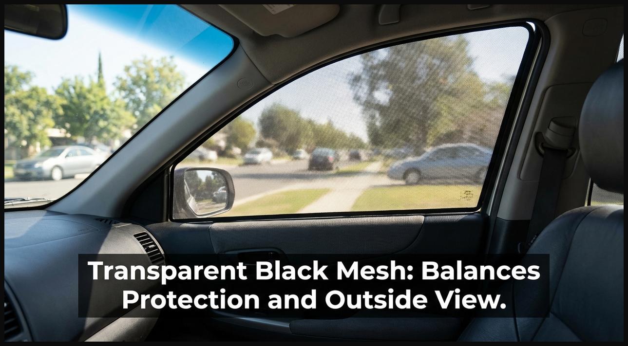A transparent black mesh sun shade on a car window, allowing a muted view outside while significantly reducing glare.