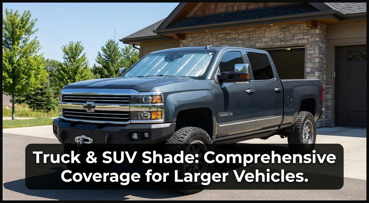 A large sun shade perfectly fitted on the windshield of a truck or SUV, showing optimal coverage for bigger vehicles.