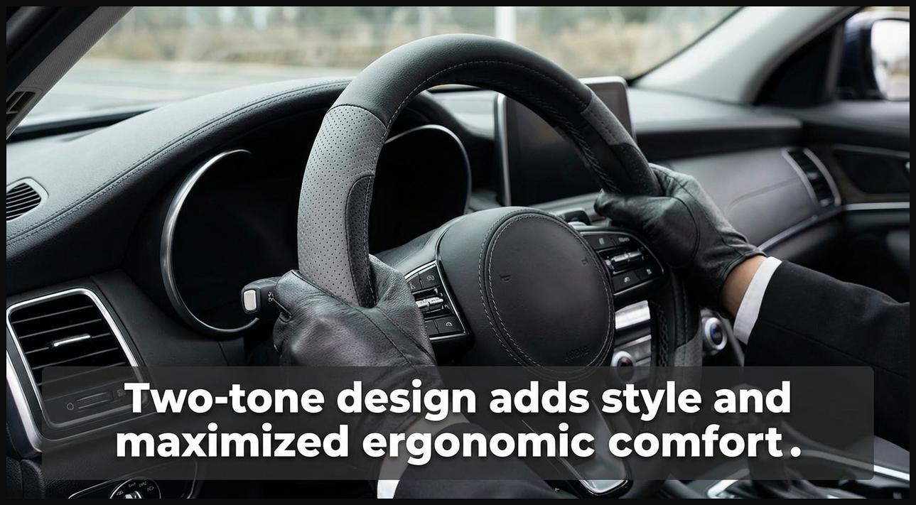 Hands on a two-tone steering wheel cover, showcasing style and ergonomic comfort.