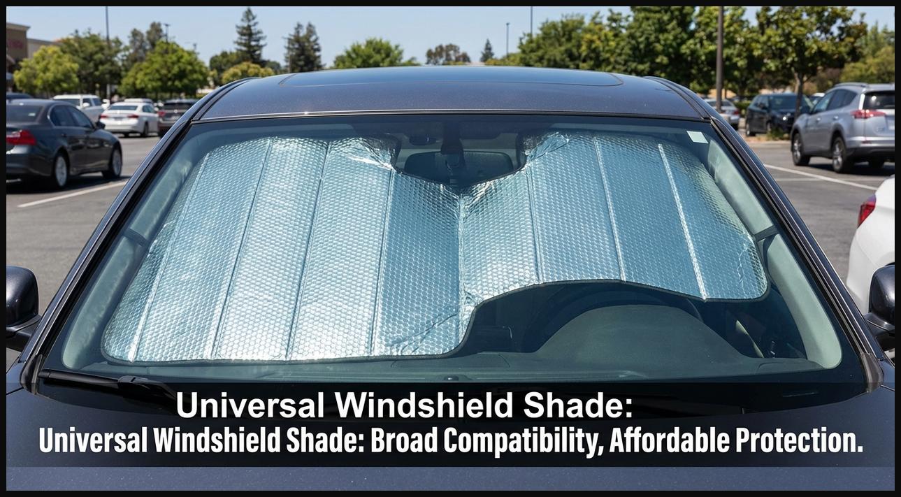 A universal fit sun shade placed on a car's front windshield, demonstrating its general coverage for various vehicles.