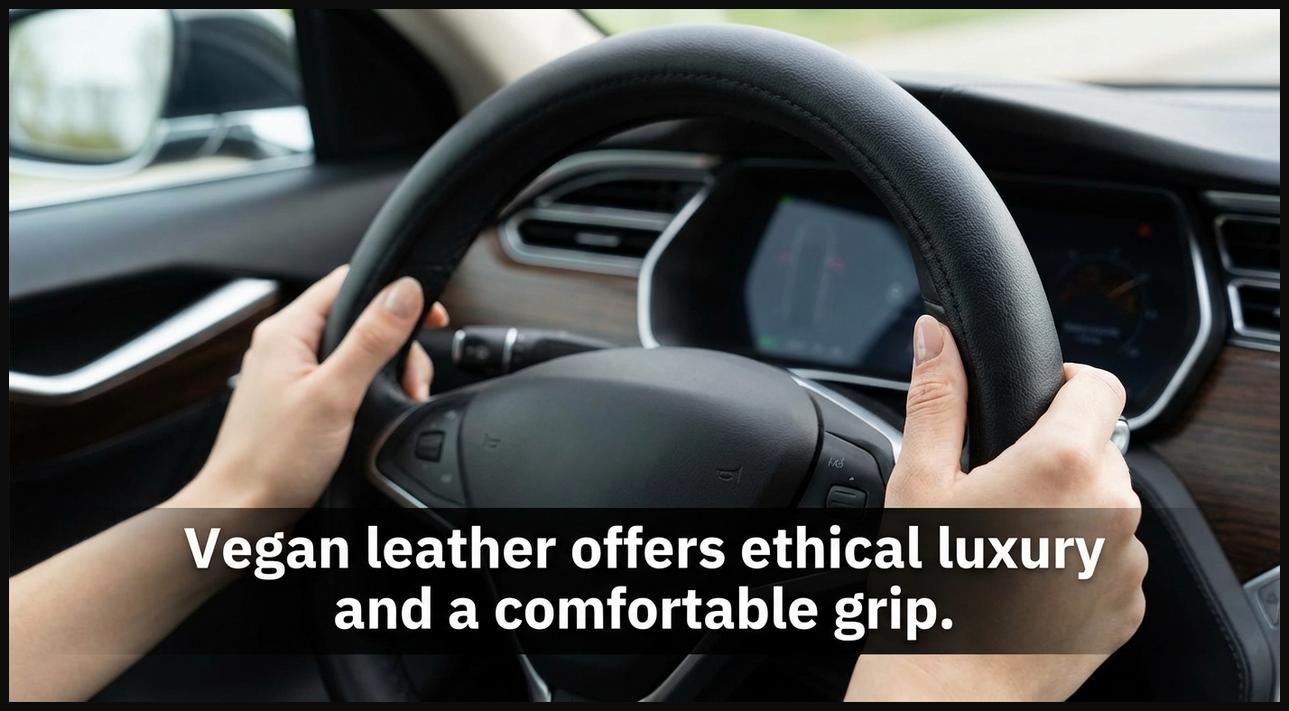 Hands gripping a high-quality vegan leather steering wheel cover.
