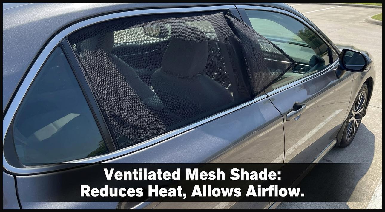 A ventilated mesh sun shade on a car window, showing its design that allows some airflow while blocking sun, ideal for parking.