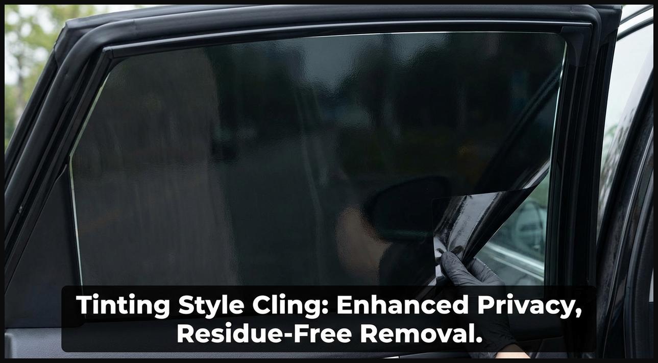 A window tinting style cling sun shade applied to a car window, providing a darker appearance and easy, residue-free removal.