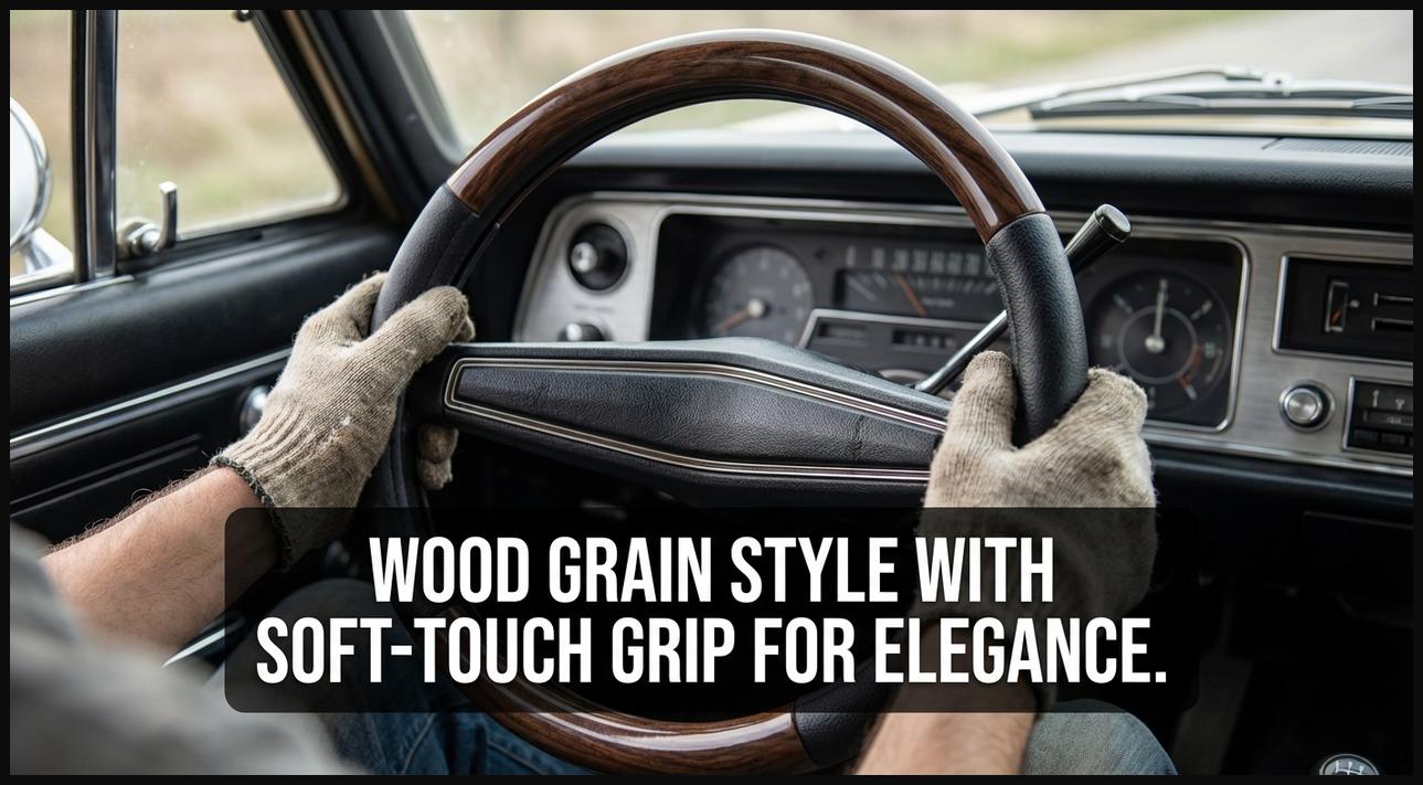 Hands on a wood grain accent steering wheel cover with soft-touch grip areas.